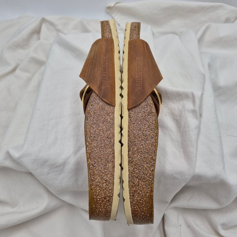 Birkenstock Brown Leather Slide Sandals with Gold Buckles - Picture 5 of 7